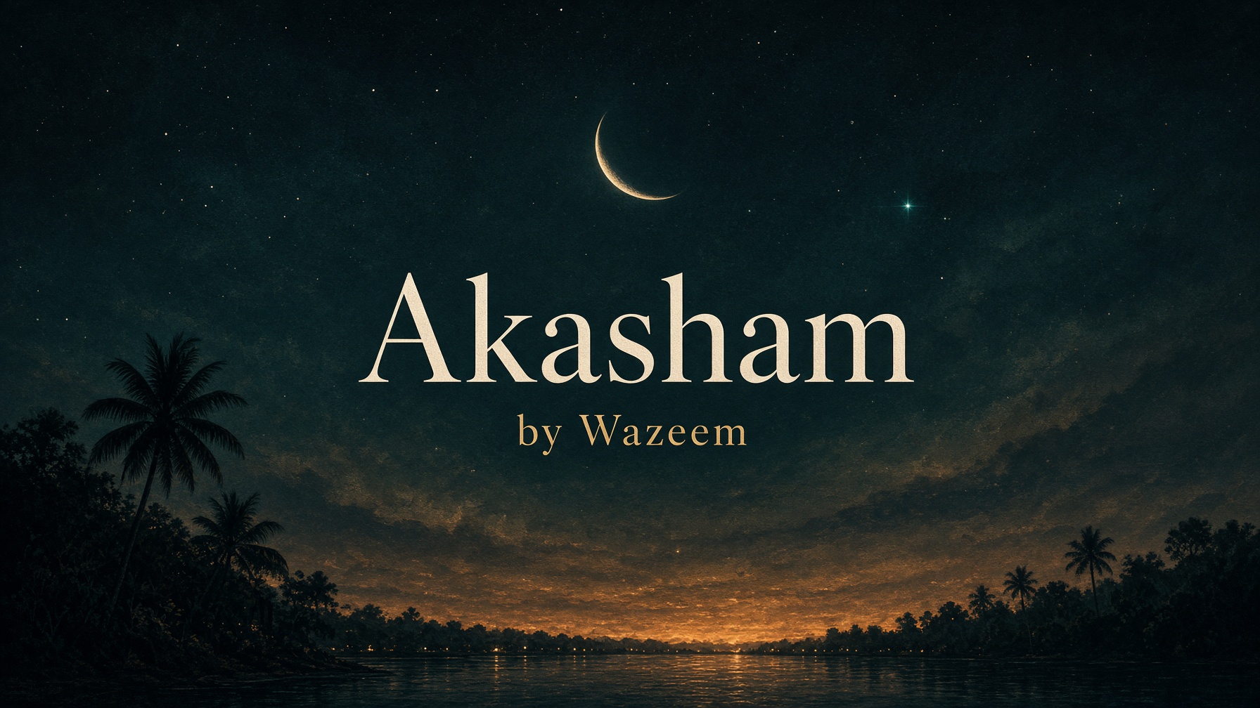 Crescent moon and stars over Kerala backwaters and palm trees – Akasham by Wazeem